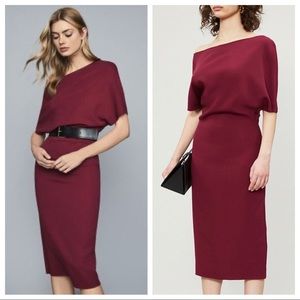 Reiss Madison Cap Dolman Sleeve Bodycon Dress Berry Burgundy Midi Size 6